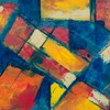Dynamic abstract painting with vibrant colors and geometric patterns.
